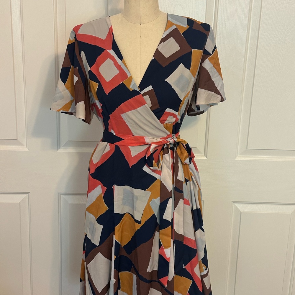 Hutch Blue and Pink Flutter Sleeve Wrap Midi Dress